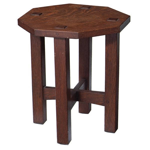 L & JG Stickley tabouret #558: L & JG Stickley tabouret, #558, hexagonal top above a cross-stretcher base with thru-post construction, branded signature, refinished, 15"w x 15"d x 17"h, very good condition