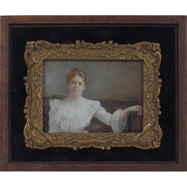 Continental miniature painting on glass S. Schwartz sha: Continental miniature painting on glass, depicting a seated lady wearing a white lace dress with a pink ribbon tie, her arm outstretched over the bench arm rest, signed L. Huslis lower right, framed a