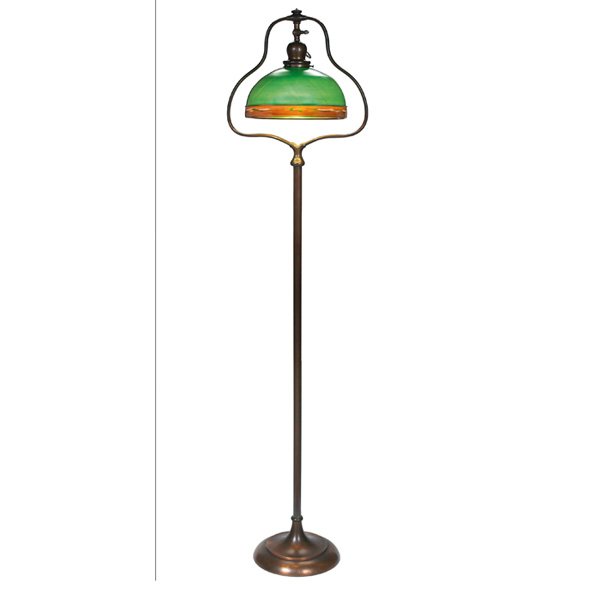 Handel floor lamp Steuben green glass shade: Good Handel floor lamp, bronzed metal harp shape with an original copper-colored patina, holding a nice Steuben green glass shade with an applied band of decoration, original felt with cloth label, ov