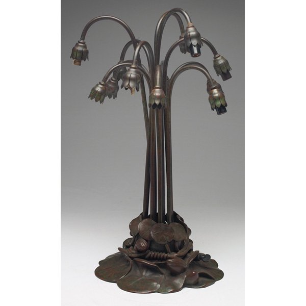 Tiffany Studios table lamp lily: Tiffany Studios table lamp, twelve-light lily, original patina, not signed, missing base plate, 13"w x 20"h