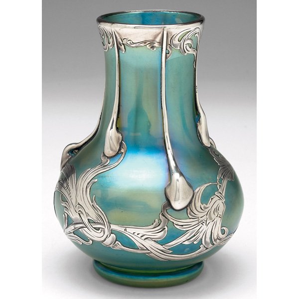 Loetz Glatt vase: Unusual Loetz Glatt vase, bulbous shape in creta glass, applied silver overlay with tendrils, signed, 3.5"w x 5"h