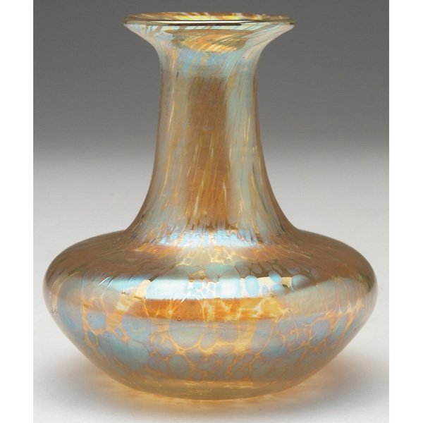 Loetz Papillon vase: Loetz Papillon vase, small form in gold glass, overall iridescence, unsigned, 3"w x 3.5"h