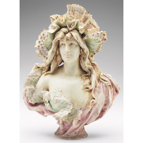 Amphora bust Eduard Stellmacher: Amphora bust, designed by Eduard Stellmacher, elaborate portrait of a maiden with lacy garments, marked, 4.5"w x 6"h, chips