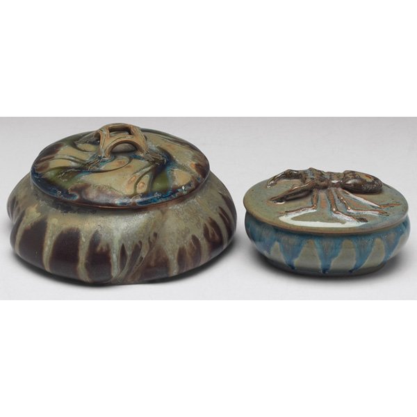 Denbac box #130 Denbac box #322: Denbac box, covered vessel with a swirling design, covered with a multicolored matte glaze, marked, #130, 6.5"w x 3"h, restoration; with a Denbac box, covered vessel with a raised scarab on lid, cover