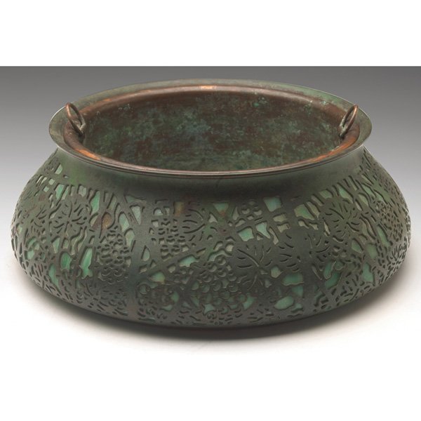 Tiffany Studios fern dish #833: Tiffany Studios fern dish, large form in etched metal, grape pattern over green and white glass, signed Tiffany Studios, New York, #833, original patina, original copper liner, 11"w x 4"h