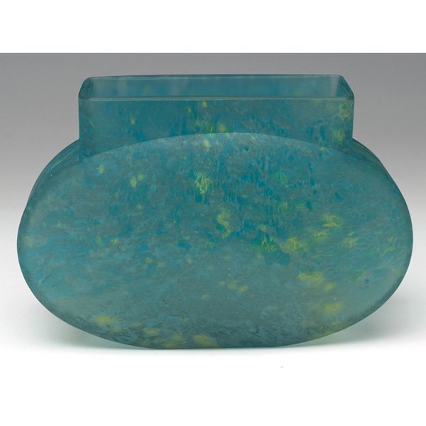 Daum vase: Daum vase, oblong shape in mottled blue, green and yellow glass, signed, 7"w x 4.5"h
