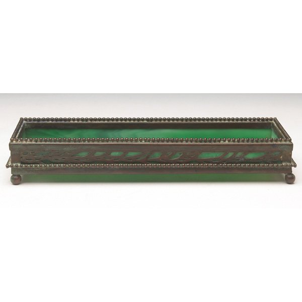 Tiffany Studios tray: Tiffany Studios tray, etched metal, grape pattern over green and white glass, signed Tiffany Studios, New York, original patina, 8.5"l x 1.5"h