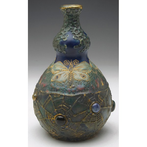 Amphora "Semiramis" vase Paul Dachsel #3777: Amphora "Semiramis" vase, designed by Paul Dachsel, from the Gres-Bijou series, finely detailed butterfly and spiderweb design, marked, #3777, 5"w x 7.5"h, similar vases are pictured in House of Ampho