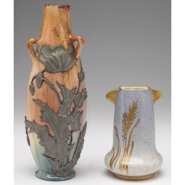 J. Filmont vase Clement Massier vase: J. Filmont vase, Caen, France, three handles, applied pewter overlay with poppy design, marked, 3.5"w x 9"h, minor chips; with a Clement Massier vase, design of wheat in gold, marked, signed, 3.5"w x