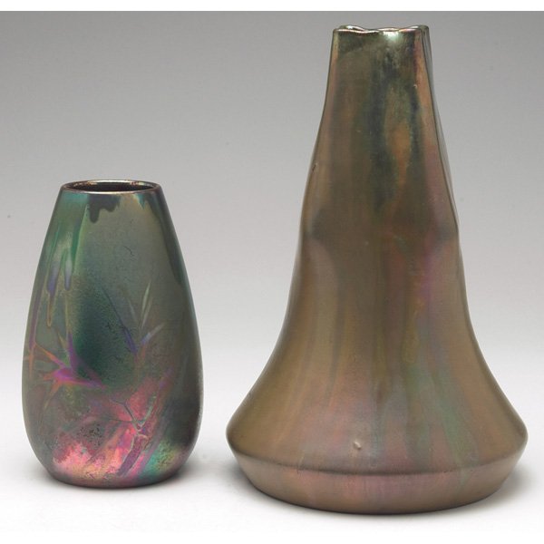 Clement Massier vase metallic glaze Delphin Massier vas: Clement Massier vase, ovoid shape with a bamboo design, covered with a colorful metallic glaze, signed, 3.5"w x 6"h; with a Delphin Massier vase, large and unusual shape covered with an iridescent met