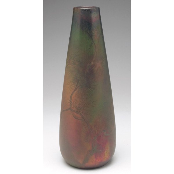 Jerome Massier vase metallic glaze: Jerome Massier vase, large shape with a pine decoration, covered with a colorful metallic glaze, signed, 5"w x 13.5"h