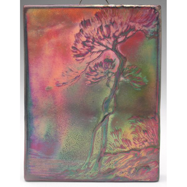 Delphin Massier plaque metallic glaze: Delphin Massier plaque, raised design of a landscape, covered with a colorful metallic glaze, signed, 5.5"w x 7"h