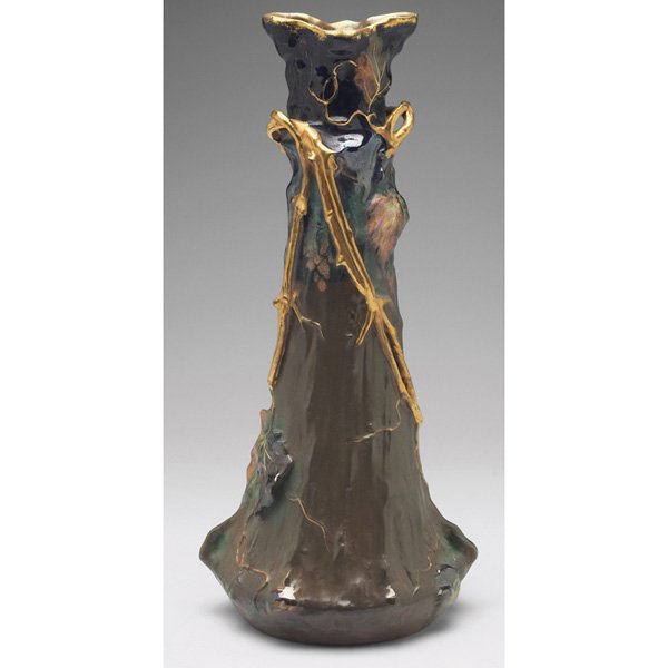 Amphora vase Ernest Wahliss iridescent metallic glaze #: Amphora vase, designed by Ernest Wahliss, large shape with raised branches and leaves in an iridescent metallic glaze over multiple shades of blue, marked, #8371, 8"w x 16"h