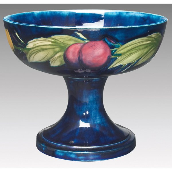 Moorcroft compote: Moorcroft compote, wisteria design against a dark blue background, signed, marked, 6.5"w x 6.25"h