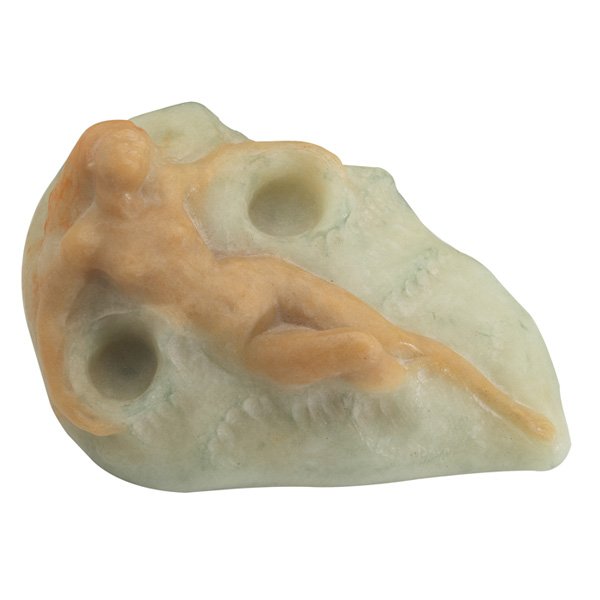 Daum inkwell: Daum inkwell, contemporary, large form with a reclining nude on a seashell-like formation, tan and light green pate-de-verre glass, marked, 11"w x 3.5"h