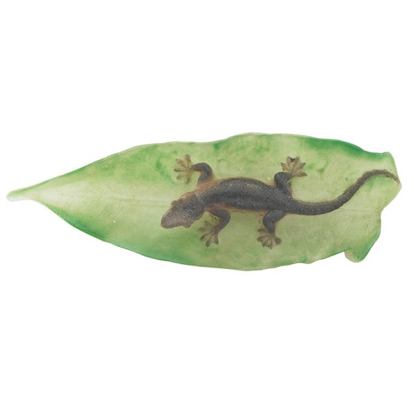 Almeric Walter paperweight: Almeric Walter paperweight, realistic lizard on a leaf, green, brown and frosted pate-de-verre glass, marked, 8.5"w x 1.5"h
