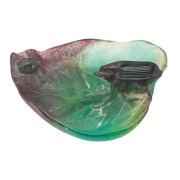 Daum vide poche: Daum vide poche, contemporary, scarab and beetle on a large leaf, green, purple and frosted pate-de-verre glass, marked, 6.5"w x 2"h