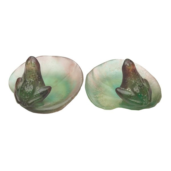 Daum vide poche: Daum vide poche, two, contemporary, attribution, lily pad and frog, green, brown and frosted pate-de-verre glass, 3.5"w x 2.25"h, both unmarked