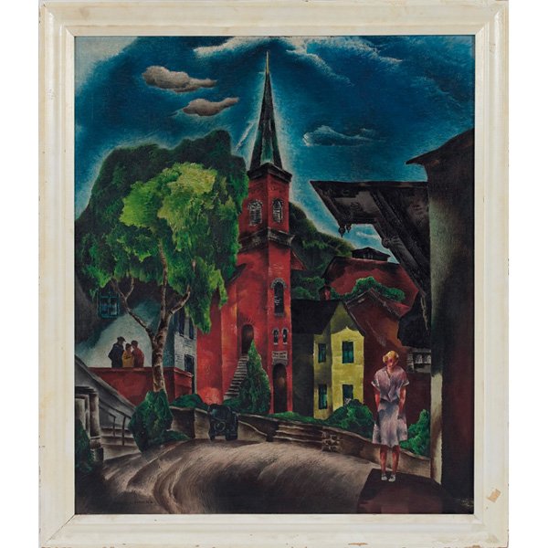 William Samuel Schwartz: William Samuel Schwartz (American/Russian, 1896-1977) "The Red Church," 1939, oil on canvas, 36" x 30", signed lower left, signed, titled and dated on verso, framed