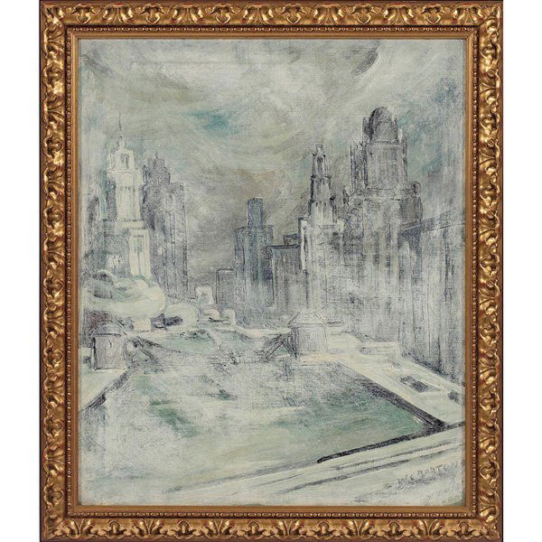 W. C. Barton: W. C. Barton (American, 20th century) "Chicago," oil on canvas, 23.5" x 19.5", signed lower right, framed Property from the Collection of Governor Jim Thompson, Chicago, Illinois