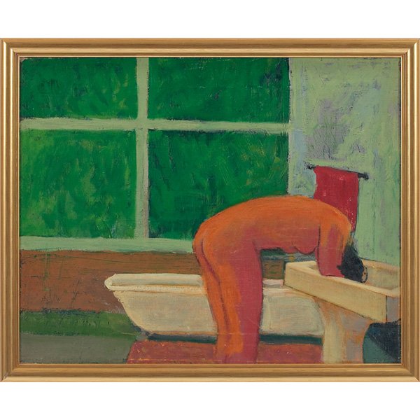 August Mosca: August Mosca (American/Italian, 1909-2002) "Woman Washing Hair," oil on canvas, 16" x 19.5", estate stamped on verso, framed