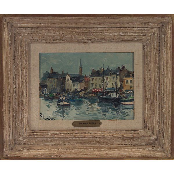 Fernand Herbo: Fernand Herbo (French, 1905-1995) "Port Scene," oil on board, 6" x 8", signed lower left, framed Provenance: Acquired from Wally Findlay Galleries, Inc., Chicago, Illinois by the present owner