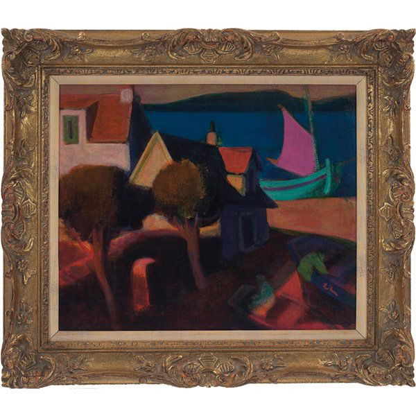 Gustav Likan: Gustav Likan (Croatian, 1912-1998) "Fishing Village," oil on canvas, 20" x 24", signed lower right, Merrill Chase (Chicago, Illinois) label on verso, framed