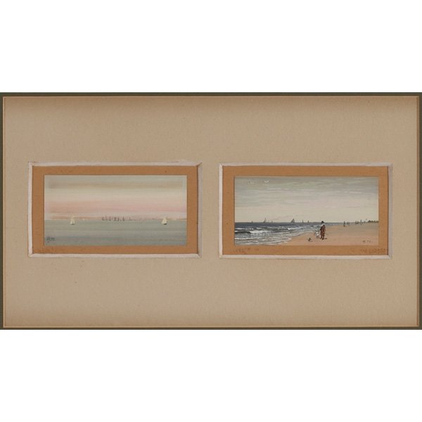 James Henry Moser: James Henry Moser (American, 1854-1913) "New York Harbor and Along the Beach," 1878, oil on paper, 2" x 3.75" each, signed and dated lower right, framed