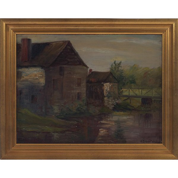 Alfred Bryan Wall: Alfred Bryan Wall (American, 1861-1935) "Old Mill and Bridge," oil on board, 14.5" x 19.5", signed lower right, framed