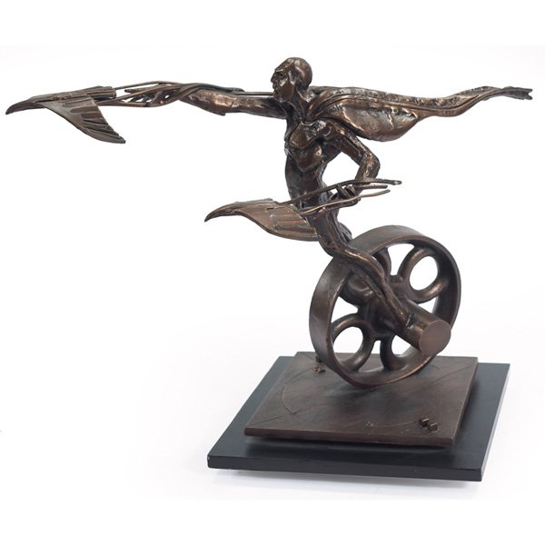 Ted Gall: Ted Gall (American, b. 1941) "Man on Wheel," 1993, steel, 13"h, signed and dated, held on a wood base