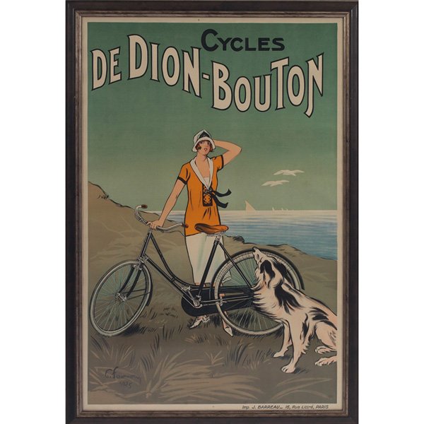 Felix Fournery: Felix Fournery (French, 1885-1938) "Cycles de Dion-Bouton," 1925, color lithograph, 45.25" x 29.5", signed in plate, framed