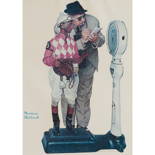 Norman Rockwell: Norman Rockwell (American, 1894-1978) "Weighing In," 1958, offset color lithograph, 22.5" x 13", pencil signed lower right, numbered lower left, edition of 200, framed