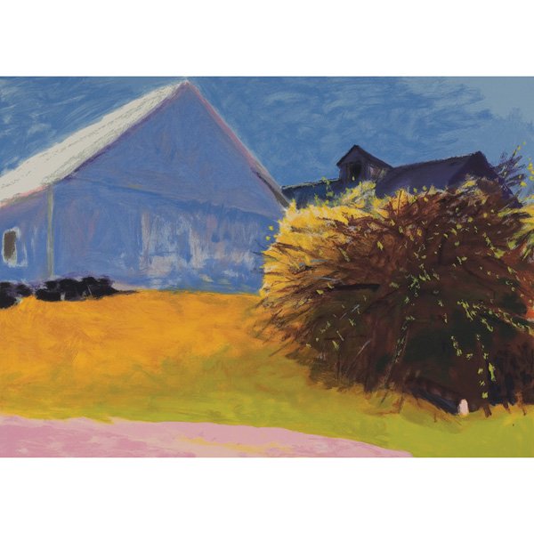 Wolf Kahn: Wolf Kahn (American, b. 1927) "Barn and Forsythia III," 2003, screenprint, 27.75" x 38", signed and dated lower right, unframed