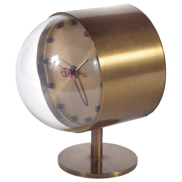 George Nelson table clock: George Nelson table clock, by Howard Miller, brass, original clear bubble face, signed with partial Howard Miller label, original finish, 4.5"w x 6"h, excellent original condition