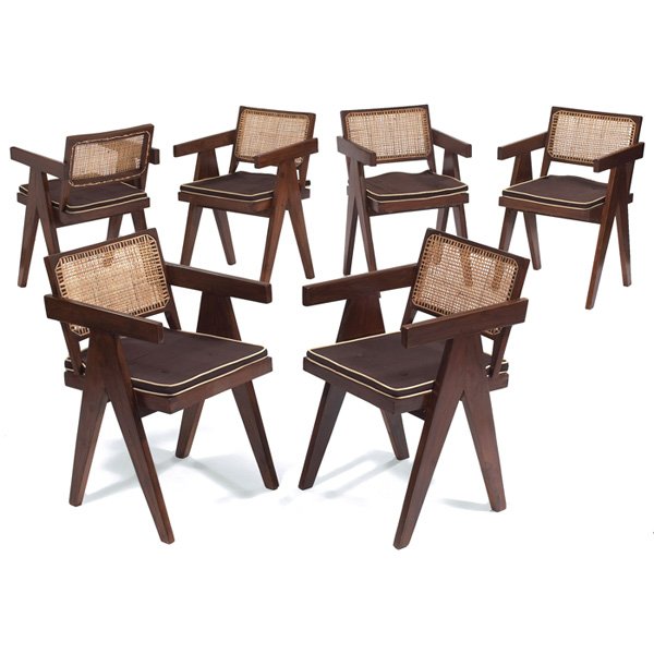 Pierre Jeanneret armchairs: Pierre Jeanneret armchairs, six, c. 1955, from the Himalayan Student Residence, Chandigarh, India, teak, caned seats and backs with removable upholstered cushions, refinished, 20"w x 20"d x 31"h, exce