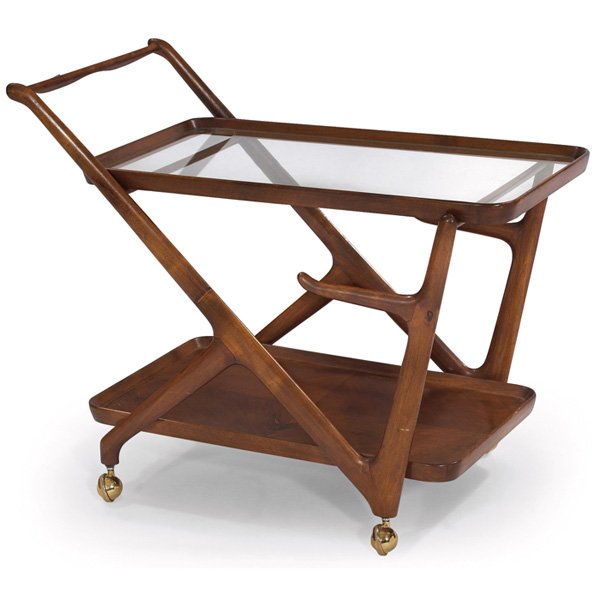 Cesare Lacca bar cart: Cesare Lacca bar cart, Italy, sculptural walnut frame, glass shelf to top, on castors, original finish, 24"w x 17"d x 27.5"h, good condition