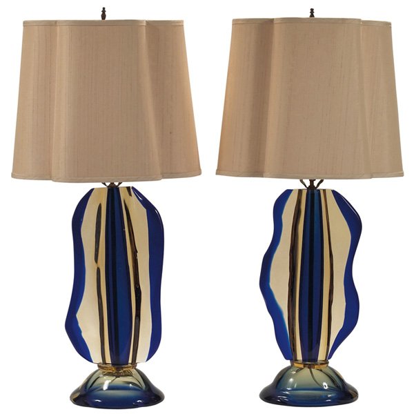 Murano glass table lamps: Murano glass table lamps, pair, probably by Flavio Poli, Italy, heavy glass forms in blue and yellow with freeform sides over heavy glass bases, original quatrefoil-shaped silk shades, glass only: 9"w