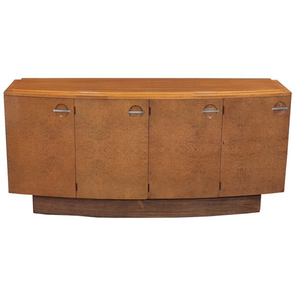Gilbert Rohde Formal Dining Group sideboard "3725": Gilbert Rohde Formal Dining Group sideboard, by Herman Miller, 1940s, Maidou burl and mahogany, four doors with round cutouts with horizontal nickel bar, far left and far right doors each conceal two