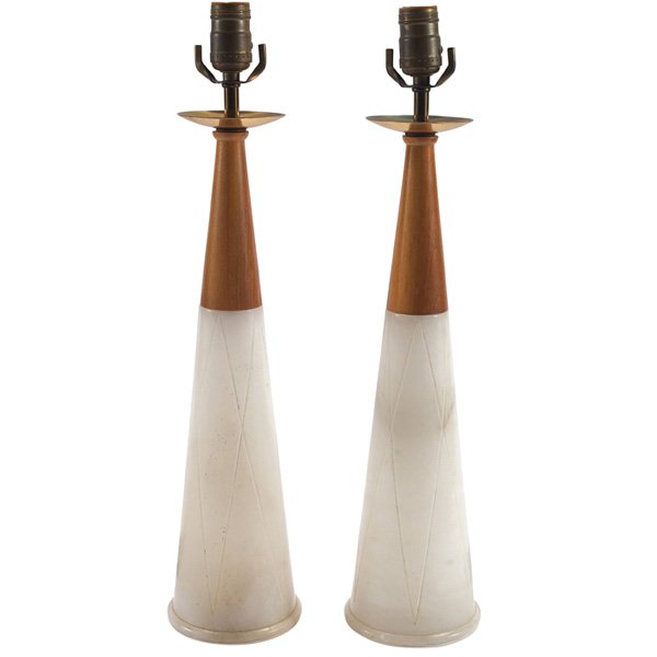 Tommi Parzinger table lamps: Tommi Parzinger table lamps, pair, alabaster bodies with grooved elongated diamond pattern to the surface, wood tops, brass bobeches, no shades, harps and finials included but not shown, as shown: 4.7