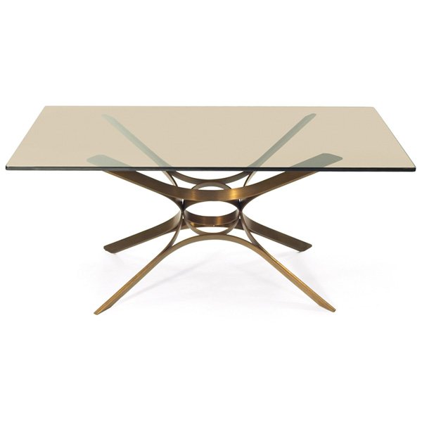 Roger Sprunger coffee table: Roger Sprunger coffee table, by Dunbar, sculptural bronze base supports the original rectangular smoked glass top, 45"w x 28"d x 19"h, excellent original condition
