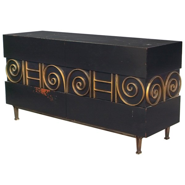 Edmund Spence cabinet: Edmund Spence cabinet, by Industria Mueblera S.A., Mexico, c. 1955, three drawers with the original gilt metal trim to the center drawers, metal legs, original finish, each drawer signed with branded 