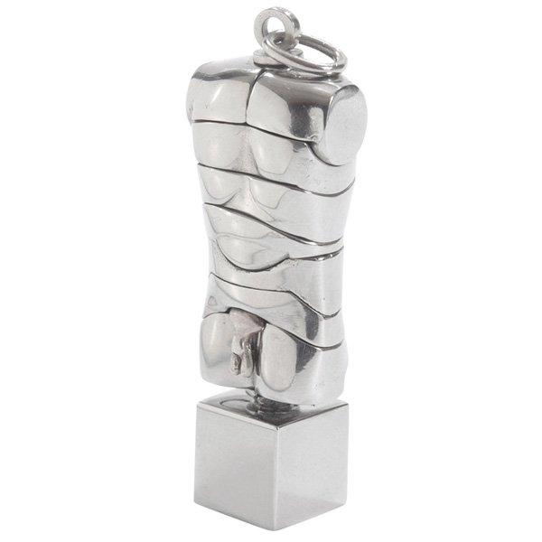 Miguel Berrocal Micro Davidoff sculpture/pendant 41229: Miguel Berrocal, Micro Davidoff sculpture/pendant, Italy, No. 41229, c. 1969-1971, sixteen elements, stainless steel, includes instruction book, original packaging and guarantee card, signed, "w x 2.5
