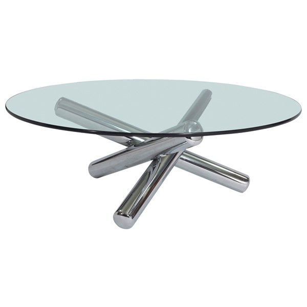 Milo Baughman Jack table: Milo Baughman Jack table, attribution, three polished chrome tubes support a round glass top, unsigned, 42"dia x 15"h, excellent original condition