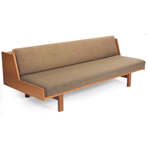 Hans Wegner daybed: Hans Wegner daybed, by Getama, Denmark, 1960s, oak frame with backrest that lifts up and locks in place to allow for use as a twin bed and to reveal bedding storage area, original wool upholstery, ori