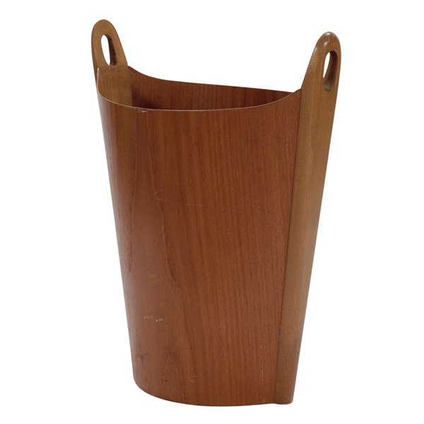 P.S. Heggen wastebasket: P.S. Heggen wastebasket, Norway, teak, oval form with beech handle at each end with cutout, burned mark "P.S. Heggen Made in Norway" to interior, original finish, 15"w x 9"d x 17"h, very good conditio