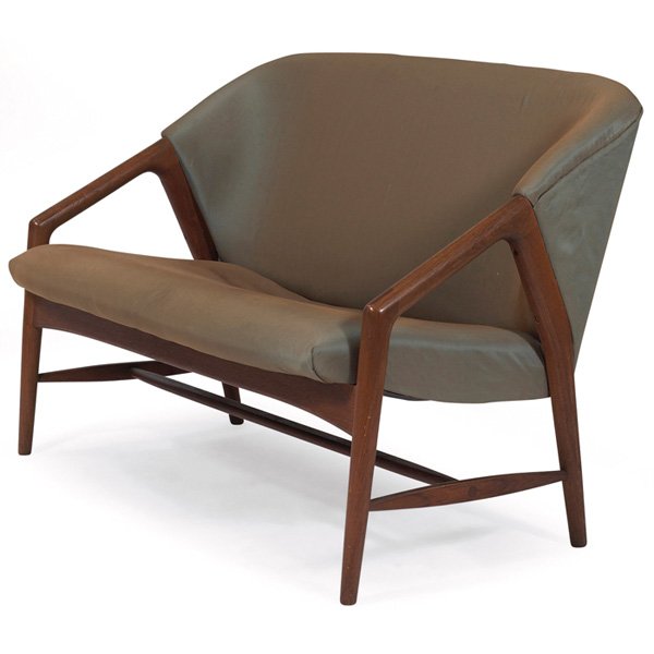 Danish settee imported by Raymor, teak: Danish settee, designer unknown, imported by Raymor, architectural teak frame with elongated cross-stretchers, sage green silk upholstery, original finish, signed with "Created in Denmark for Raymor"