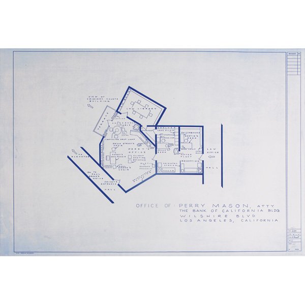 Mark Bennett lithograph Office of Perry Mason: Mark Bennett lithograph, "Office of Perry Mason, Atty, The Bank of California Bldg", 1995, number 10/20, details include Paul Dra ke's chair and Bust of Benjamin Franklin, "=1'0" scale, pencil-signed