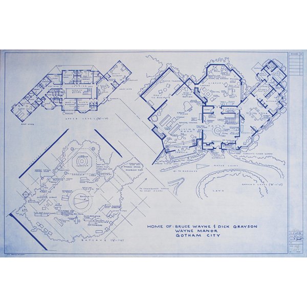 Mark Bennett lithograph, Bruce Wayne Manor: Mark Bennett lithograph, "Home of Bruce Wayne and Dick Grayson, Wayne Manor, Gotham City (Batman), 1994, number 10/20, details include Secret Elevator to Batcave, Batmobile, and mounted fish above aut