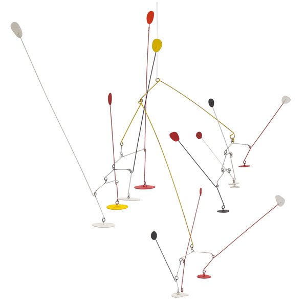 1970s mobile: 1970s mobile, painted wire and metal, red, white, yellow and black elements, original finish, unsigned, approximately 28"dia x 20"h, very good original condition