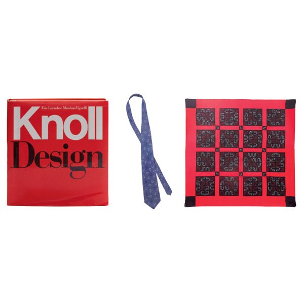 Knoll book, scarf and necktie: Knoll scarf and necktie, silk, each featuring Mies van der Rohe's MR chair, red, black, blue and white, each signed with Knoll cloth label, scarf: 33"sq, tie: 3.75"w x 57"long, very good original cond